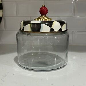 MacKenzie-Childs Black and White Checkered Glass Jar with Red and Gold Accent
